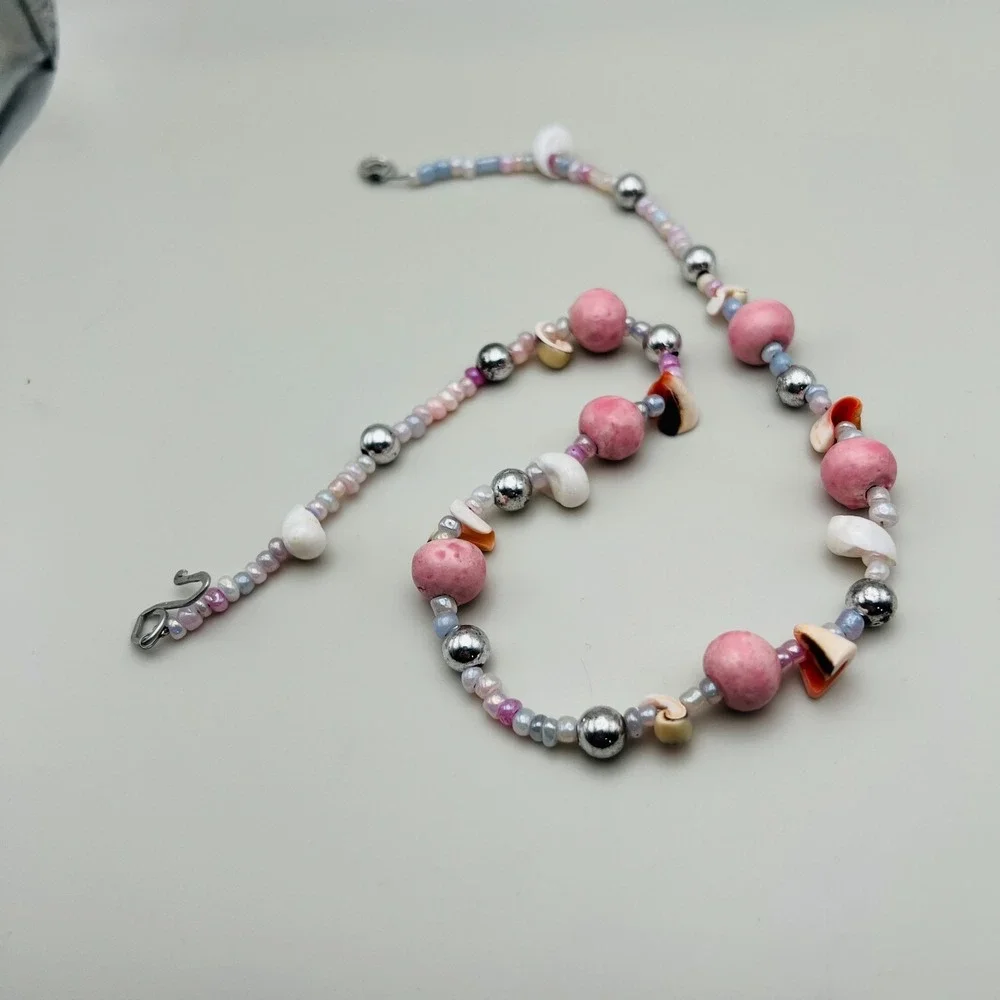 Beaded Necklace Pink White Shell Mixed Bead Silver Tone Pastel Coastal Style 20